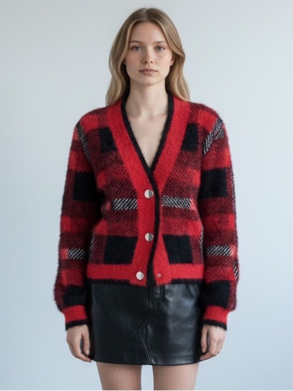 English Factory Red Plaid Knit Cardigan Sweater V Neck Button up Fuzzy Check S